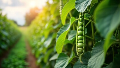 Naklejka premium Green peas grow in rich field on sunny day. Soybean pods full, healthy. Agriculture, nature displayed. Rural scene shows sustainable food source. Crop thriving. Image highlights natural beauty of