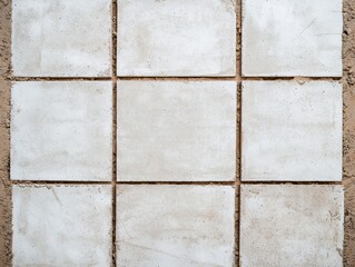 Environmental Concepts in Civil Engineering Construction. A grid of square concrete tiles laid out on a sandy surface, showcasing a simple, minimalist design.