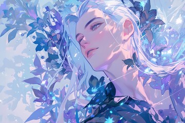 Naklejka premium a mysterious and dreamy illustrated image of a beautiful man,generation AI