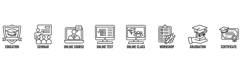 Online training banner web icon vector illustration concept with icon of education, seminar, online course, online test, online class, workshop, graduation, certification