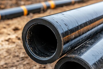 Environmental Concepts in Civil Engineering Construction. Close-up of black pipes on a construction site, showcasing their smooth surface and circular openings, ready for installation.