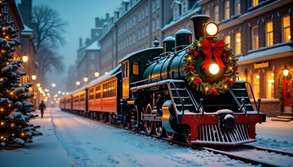 Vintage train decorated with Christmas wreath travels through snowy European city street at night. Urban scene old architecture. Tourism, history themes combined with winter festivity. People walk
