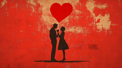 silhouette of man and woman standing together in front of a floating heart