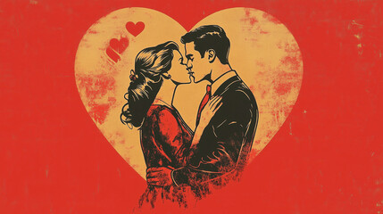 sketch of man and woman standing together kissing in front of floating hearts