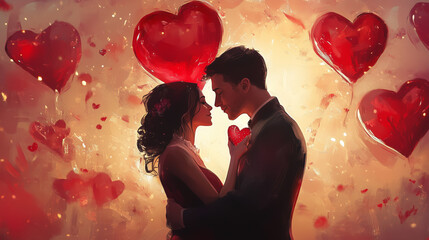 man and woman standing together in front of floating hearts