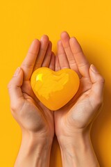 Fototapeta premium Image of a person's hands cradling a bright yellow heart with love and care written all over it.