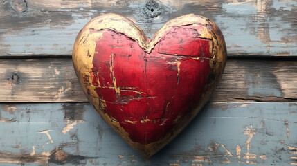 red wooden worn out heart on wooden background