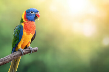 colorful parrot perched on branch, showcasing vibrant feathers in sunlight