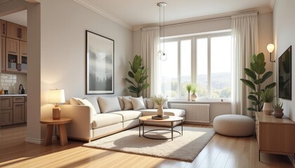  A modern living room features a large window with white curtains, a white sofa, a wooden coffee table, a wooden side table with a lamp, and a large abstract painting on the wall.