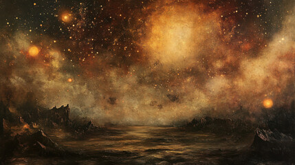 A surreal night sky filled with golden clouds, illuminated by soft amber starlight, a rich crimson hue in the upper horizon