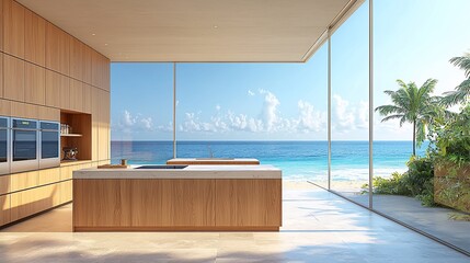 Modern kitchen with ocean view.