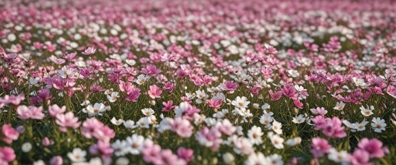 Fototapeta premium A field of pink and white flowers swaying gently in the wind , floral, flower, wind