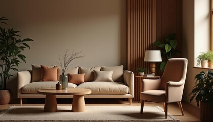  A modern living room features a beige sofa with orange throw pillows, a wooden coffee table, a white armchair, and a wooden side table with a lamp, all set against a neutral-toned wall