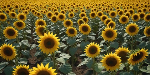 A field of sunflowers with large, bright yellow petals and dark centers, bloom, green leaves