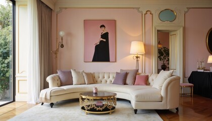  A luxurious living room features a curved white sofa with gold accents, a round coffee table, and a large pink portrait of a woman on the wall, with a window offering a view of trees.