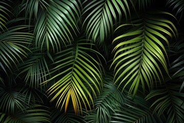 Dense tropical foliage, lush palm tree leaves forming a thick canopy in natural forest setting. Ideal for backgrounds or decoration.