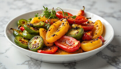 Grilled Mediterranean Vegetables with Colorful Bell Peppers on Ceramic Dish