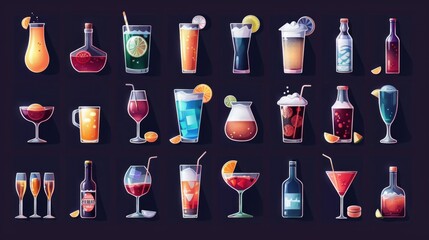 This image features a collection of various types of drinks and cocktails, ready to be served at a bar or social event.