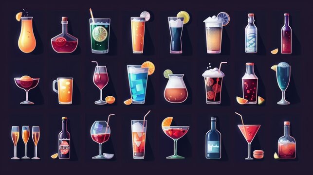 This image features a collection of various types of drinks and cocktails, ready to be served at a bar or social event.