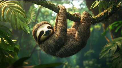 Sloth hanging on a tree branch in a lush rainforest.