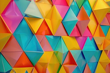 Fototapeta premium A digital painting with a geometric, triangular pattern in vivid hues of yellow, pink, blue, green and orange.