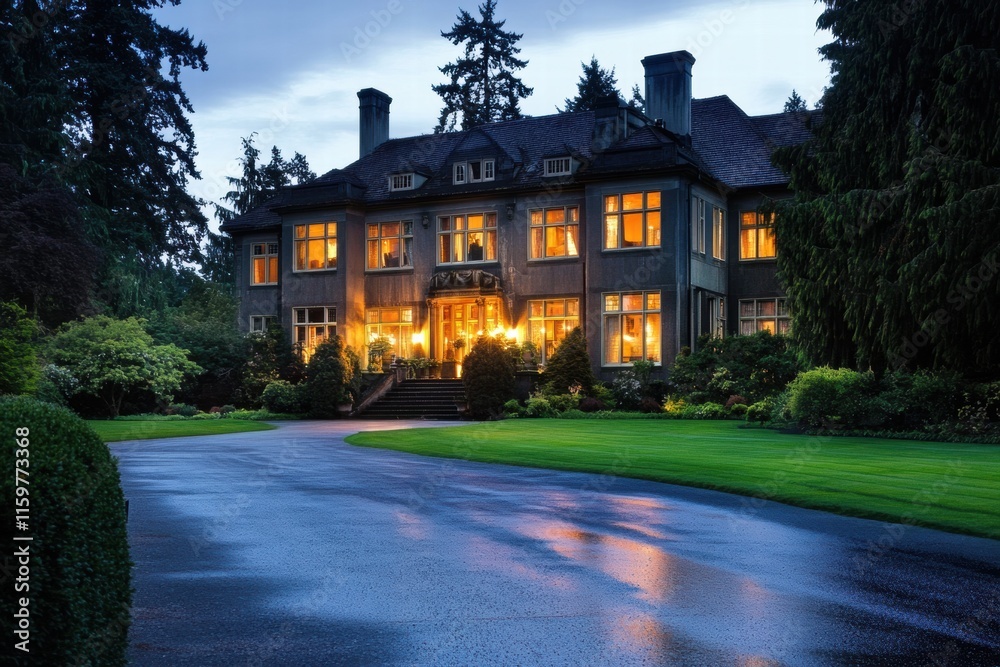Aufkleber luxury mansion illuminated at dusk surrounded by lush greenery and a serene driveway in a tranquil n