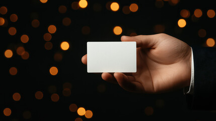 hand holds blank business card against blurred bokeh background, creating sense of elegance and potential