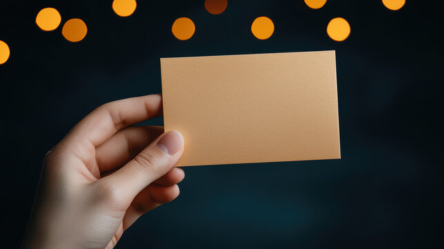 hand holds blank business card against blurred background with lights, evoking sense of anticipation and opportunity
