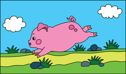 a pink pig runs as fast as it can down a path on a summer day