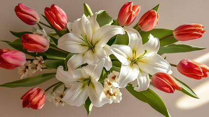 White lilies and red tulips on taupe background with natural light