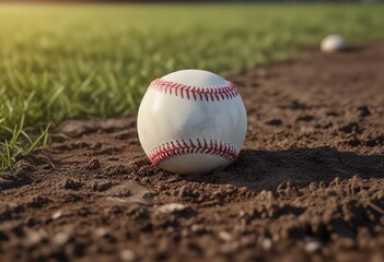 A lone baseball lying on the surface of an empty field, flat land, barren land, baseball