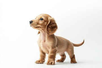 Curious dachshund puppy on white background