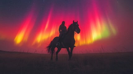 Fototapeta premium Rider and horse silhouetted against vibrant aurora borealis