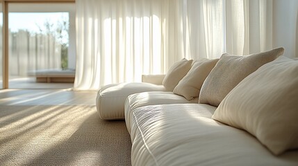 Fototapeta premium Sunlit Modern Sofa with Cream Cushions and Sheer Curtains