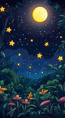 Naklejka premium A serene night scene with a bright moon and stars over a lush, colorful forest.