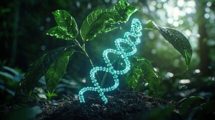Glowing DNA helix rising from plant in soil.