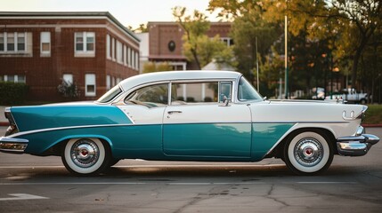 Classic car, two-tone, parked on street.