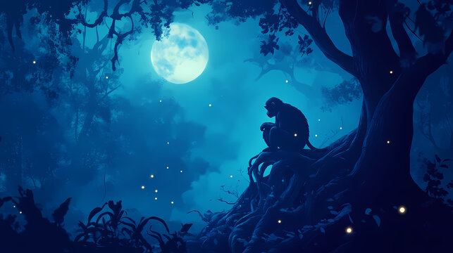 Mysterious moonlit misty primordial forest with solitary pensive monkey sitting on ancient gnarled tree roots, lost in thought, surrounded by eerie twinkling fireflies. Wistful. Illustration