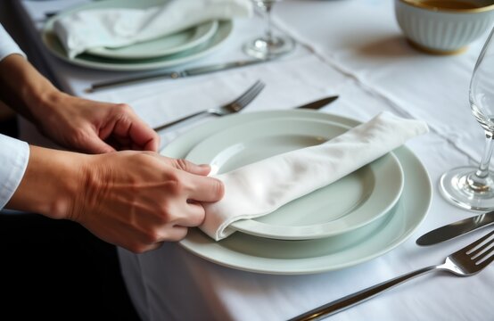 Waiter meticulously places white napkin on plate. Elegant table setting ready for special occasion. Clean plates, cutlery arranged on white tablecloth. Festive atmosphere created with focus on