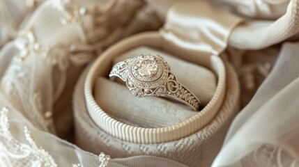 Naklejka premium Close-up of a diamond engagement ring in a beige velvet box.