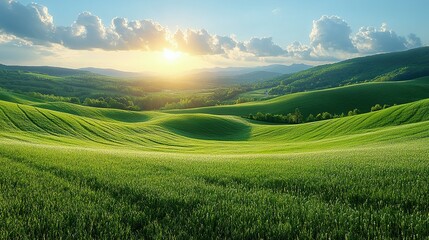 Obraz premium Rolling Green Hills Sunset Landscape Scene