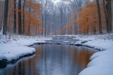 Obraz premium Serene winter stream flowing through a snow-covered forest with orange-hued trees.