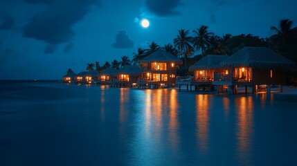 Tropical overwater bungalows illuminated at night under a full moon