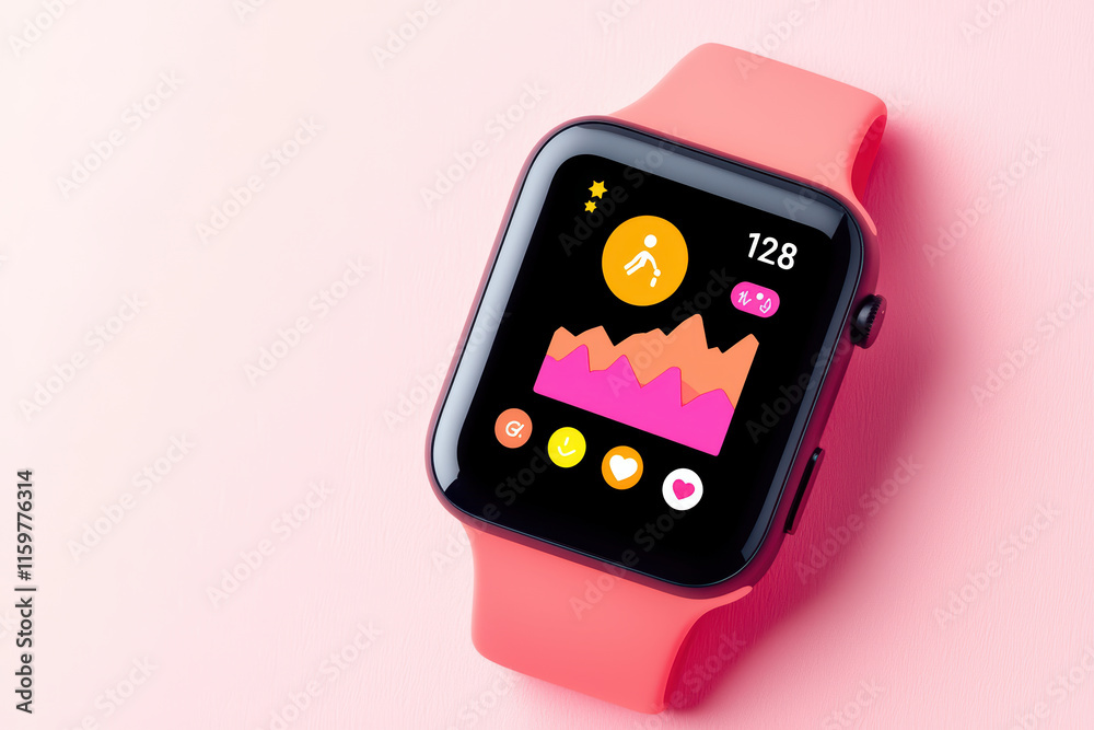 Poster close up of smartwatch displaying fitness notifications and data. vibrant design features colorful g