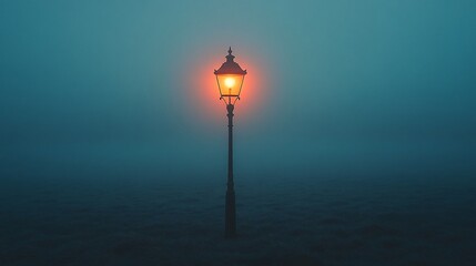 Lone Lamp Illuminates Foggy Field at Night