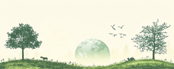 A serene Earth Day design with a healthy planet, green trees, and wildlife, symbolizing the importance of environmental protection, with room for text