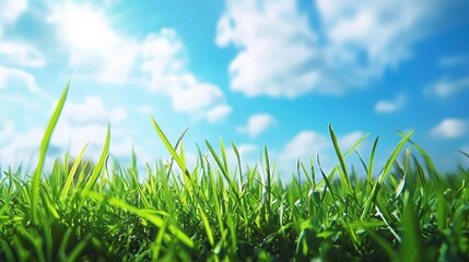 Fototapeta premium Vibrant green grass against a sunny blue sky.