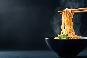 Steaming bowl of ramen noodles with chopsticks, garnished with green onions, evokes warmth and comfort
