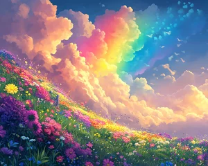 A vibrant and joyful world where rainbowcolored clouds hover over a peaceful landscape filled with flowers, animals, and playful energy