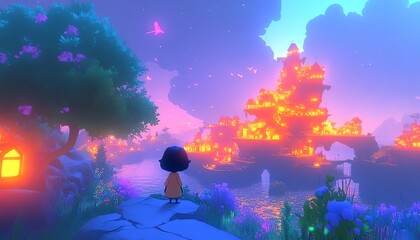 Obraz premium A vibrant and magical imaginary world filled with glowing colors, floating islands, and whimsical creatures, exuding happiness and wonder
